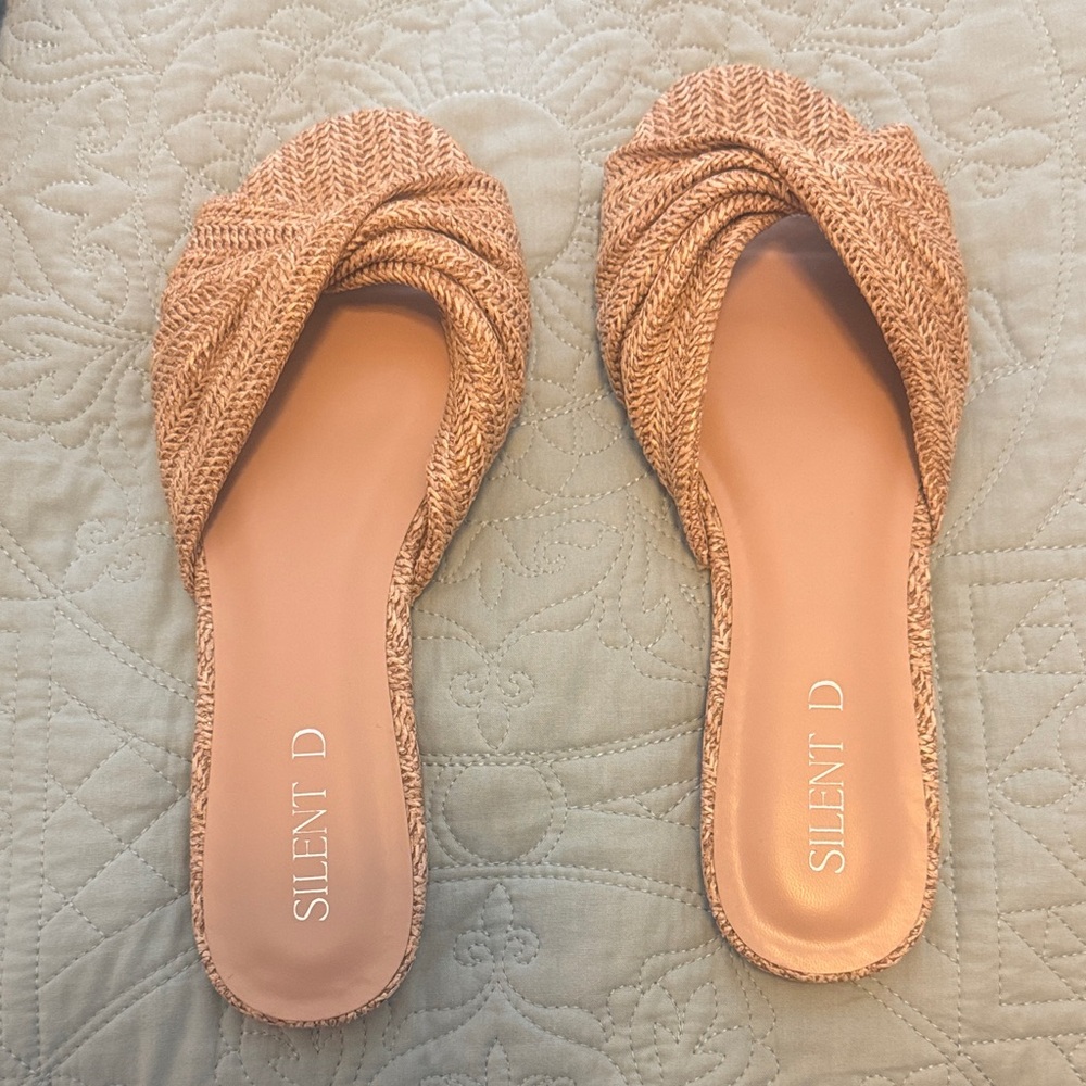 Silent D Raffia Tan Braided Slip-On Sandals